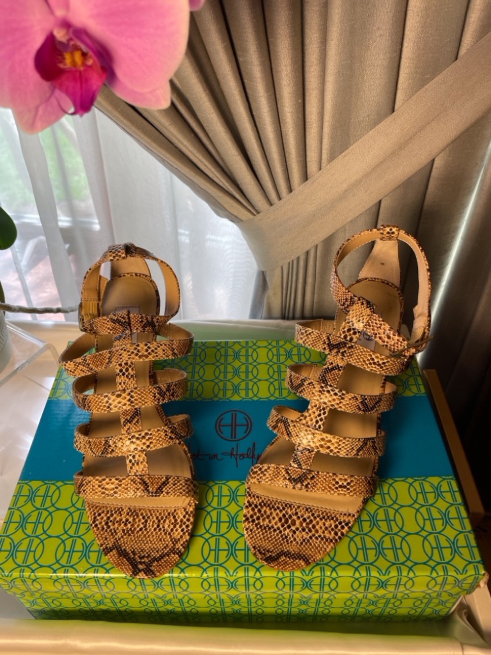 Snake-Print Strappy Gladiator Sandals in Tan